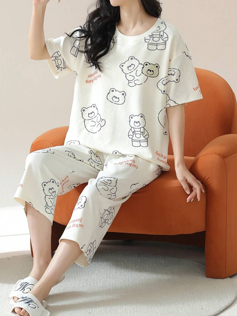 AICJ 2 件女式春夏休闲简约插肩袖卡通熊圆领套头上衣和七分裤睡衣套装，母亲节礼物，两件套 - 白色 - 查看 1