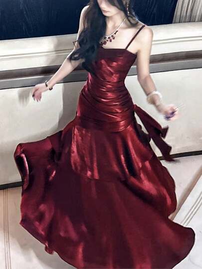 Burgundy Ruffle Hem Party Dress, Shiny Red Concert Outfit, Elegant Spaghetti Strap Bridesmaid Formal Birthday Graduation Dress, Summer Spring Clothing Wedding