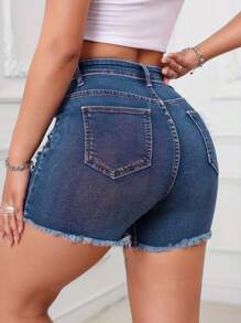 Shorts de Denim Elástico para Mujer con Estrellas Desgastadas - Cintura Alta, Borde Deshilachado, Estilo Urbano, Lavables a Máquina - Azul - Ver 3
