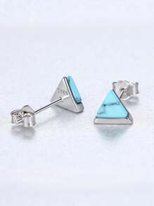 1 Pair Turquoise Triangle Stud Earrings, S925 Sterling Silver Platinum Plated Fashion Luxury Ear Studs, Unisex - Silver - View 8