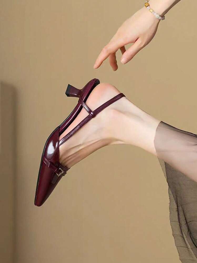 Sapatos de Salto Médio Sexy de Bico da Moda Feminina, Sapatos de Couro Envernizado Brilhante para Festas e Ocasiões, Sapatos de Salto Alto de Verão, Vinho Tinto - Vinho - Visão 3