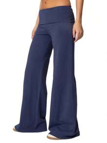 Women Fold Over Yoga Pants Low Rise Solid Color Stretch Casual Straight Wide Leg Palazzo Pants Loose Fit Comfy Flared Leggings Gym Lounge Pants Bootcut Bell Bottoms Baggy Sweatpants Teen Girl Back To School Bottoms Y2k Streetwear - 藍色 - 查看 5