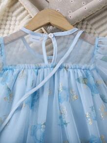 女童灯笼袖花卉网眼印花 A 字裙，可爱娃娃裙配斜挎包，夏季 - 藍色 - 查看 7