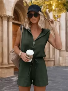 Womens Casual Sleeveless Romper Summer Half Zip Lapel Collar Drawstring Knit Jumpsuit With Pockets - Armé Grön - Visa 1