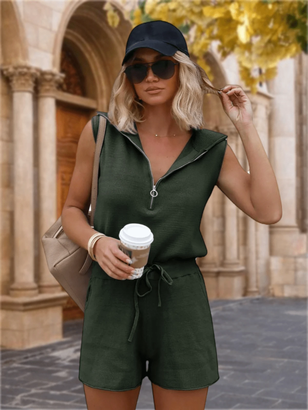 Womens Casual Sleeveless Romper Summer Half Zip Lapel Collar Drawstring Knit Jumpsuit With Pockets - Armé Grön - Visa 1