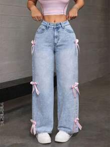 Women's Loose Fit Casual Denim Pants With Bowknot Decorated Pockets - Màu xanh nhạt - Xem 5