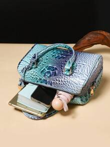 Luxury Crocodile Pattern Handbag, Retro Genuine Purse, Women's Classic Boston Bag & Shoulder Bag - 10#藍色+深藍 - 查看 6