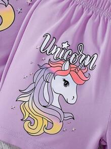 Young Girls Unicorn Print Short Sleeve T-Shirt And Shorts Set, Casual And Fashionable For Everyday Wear