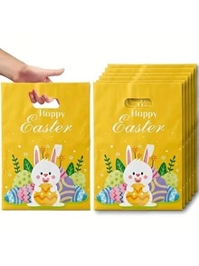 12 件各种复活节彩蛋和兔子图案塑料手提袋，多色，可爱兔子元素，节日礼品袋，适合复活节庆祝活动