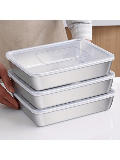 3pcs 10.2in Covered Stainless Steel Baking Tray, Food Storage Set - Square, Manually Covered, Hand Washed - Suitable For Meal Preparation And Outdoor Picnics