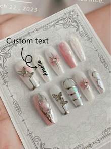 10 件按压式长指甲、四季美甲、假指甲、Y2k 美甲 DIY 融合银轨银四角粉色渐变图案设计黑色指甲金属蝴蝶指甲配件粉色指甲可拆卸可重复使用指甲用品、指甲粉、指甲亮粉适合女孩、女士用于婚礼、舞会、派对、定制指甲；自定义文字；自定义图像。 - 粉色 - 查看 1