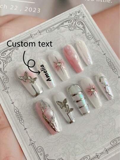 10 stycken Press On Long Nails, Four Seasons Nail Art, Fake Nails, Y2k Nail Art DIY Fusion Silver Track Silver Fyrspetsad Rosa Gradient Mönster Design Svart nagel Metall Butterfly Nageltillbehör Rosa naglar Avtagbara Återanvändbara nageltillbehör, nagelpulver, nagelglitter Lämplig för flickor, damer, bröllopsbollar, bröllopsbollar, C; Anpassad text; Anpassade bilder.