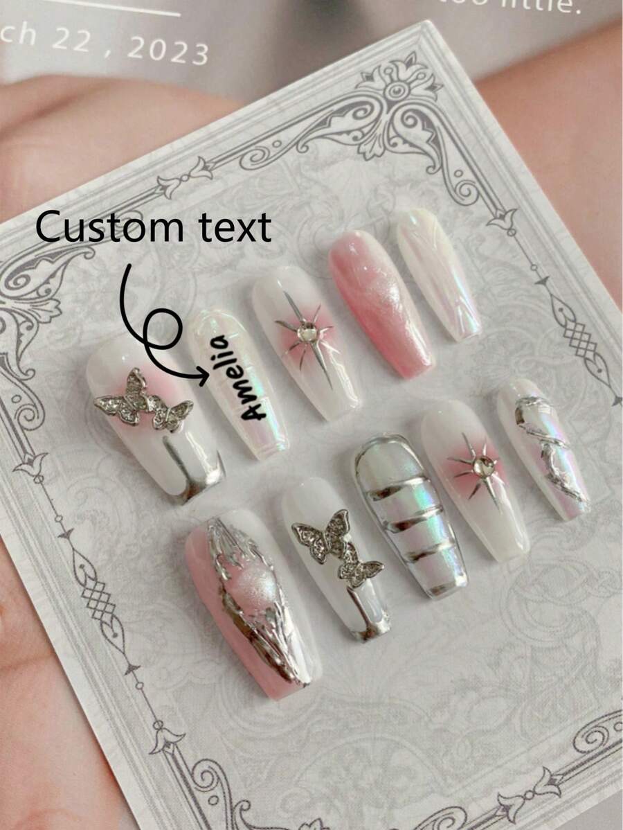 10 件按压式长指甲、四季美甲、假指甲、Y2k 美甲 DIY 融合银轨银四角粉色渐变图案设计黑色指甲金属蝴蝶指甲配件粉色指甲可拆卸可重复使用指甲用品、指甲粉、指甲亮粉适合女孩、女士用于婚礼、舞会、派对、定制指甲；自定义文字；自定义图像。 - 粉色 - 查看 1