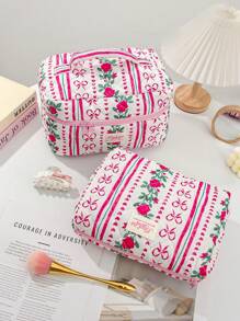 1 PC Vertical Striped Rose Bow Portable Make Up Bag,Fashionable And Casual Large Capacity Portable Zipper Makeup Bags,Travel And Vacation Essentials Cosmetic Bags For Sanitary Napkins,Pouch Pads,Wired Earphones,Earpods,Headphones,Charger,Lipsticks,Cosmetics,Perfume,Skin Care And Beauty Products,Home Decor,For Mom,Women,Nurses,Students,School Girls,Keys,Holiday Gifts Makeup Travel Toiletry Organizer Essentials Gifts Storage Zipper Accessories Nail - Red - View 11