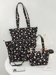 1 Piece Quilted Bow&Floral Tote Shoulder Bag Set Top Handle Handbag Portable Floral Tote Bag Commute Shoulder Bag Puffer Tote Bag With Insert Pouch Mommy And Me Matching Women Bags,Best Mother's Day Gift Ideas,School Bag Set,Lightweight,Portable,Large Capacity,Business Casual,For Teen Girls Women College Students,Perfect For Office,College,Middle School,High School,Work,Business,Commute,Stadium,Sports,Shopping,Holiday Valentine's Day Gift - Multicolor - View 4