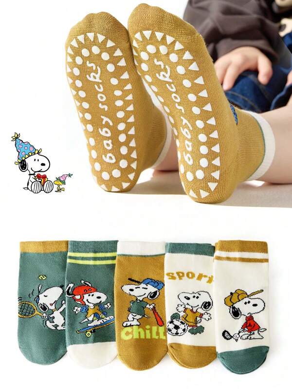 SNOOPY 5 Paar Kindersocken, bunte Socken für Mädchen mit Snoopy-Motiv für Frühling/Sommer, Superhelden koreanische Cartoon-Socken für Jungen, atmungsaktive rutschfeste Bodensocken für Jungen, gepunktete Klebesocken für Kinder
