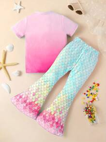 2pcs/Set Young Girl Casual Mermaid Sequin Print Short Sleeve Lightweight Knit Top And Flare Pants Set, Spring/Summer