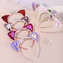 1 件全水晶小皇冠亮片猫耳头带，可爱动物派对涤纶弹力罗纹头带，适合所有季节 - 亮片皇冠貓耳朵髮箍 - 查看 1