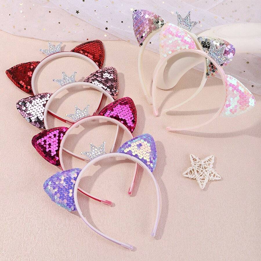 1 件全水晶小皇冠亮片猫耳头带，可爱动物派对涤纶弹力罗纹头带，适合所有季节 - 亮片皇冠貓耳朵髮箍 - 查看 1