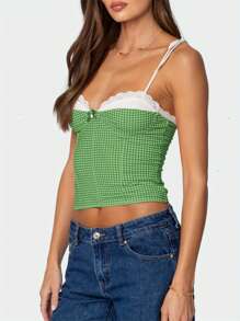Women Summer Crop Camisole Casual Lace Trim Plaid Print Tie Up Strap Tank Tops Sleeveless T-Shirt For Club Streetwear - màu xanh lá - Xem 4