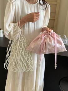 1pc Handmade Beaded Rhombus Weave Pearl Fishing Net Style Handbag, Sweet And Elegant Design For Women, Suitable For Summer Beach Vacation (With Drawstring Inner Pouch)