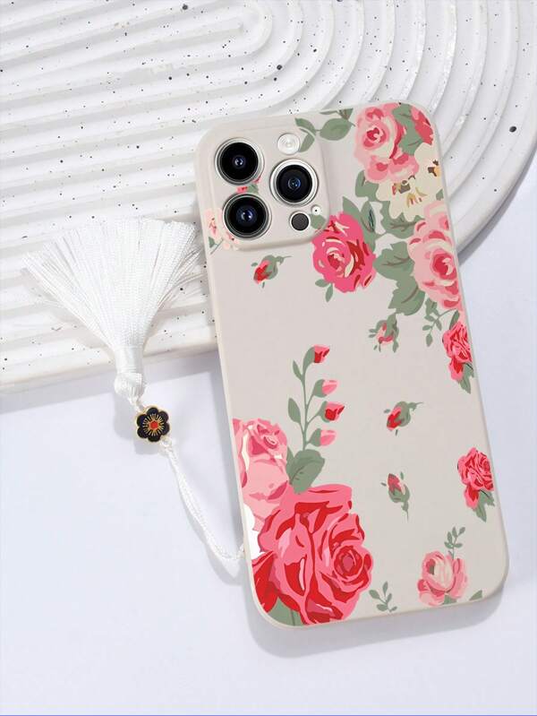 Summer Flower 1pc White TPU Rose Floral Pattern Shockproof Phone Case & 1pc White Tassel Enamel Lanyard, Compatible With IPhone, Android Smartphones Such As, Compatible With OPPO; Compatible With Iphone 16 Pro Max, A14, A54, A52, A31 4G, A23, Compatible With Redmi Note 8 Pro, Note 11 Pro 4G, Note 12 4G, Compatible With OPPO A54,International Version, Not The Domestic Version