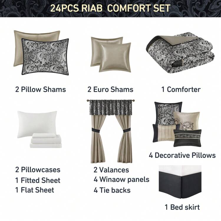 Brystol 24 件套床上用品套装，仿丝棉被提花佩斯利设计配套窗帘，四季皆宜，有黑色、红色、蓝色、青色、蓝色、海军蓝、蓝色、棕色、大号/特大号/加州特大号可供选择 - 黑色 - 查看 4