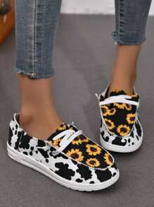 女士向日葵和奶牛图案便鞋，轻便户外步行鞋 - 明黃色 - 查看 3