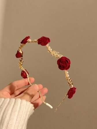 1pc Rose & Faux Pearl Headband, Vintage Alloy Material Hair Accessory, Retro High-End Hair Clip Hairpin, Niche Design Crown Top Hair Hoop Ornament,Hairband,Hair Hoop Headbands