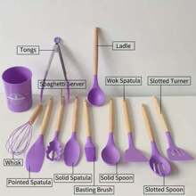 12 piezas Juego de utensilios de cocina de silicona - Resistentes al calor hasta 230°C, espátula, pinzas, cuchara, cepillo, batidor, utensilios con mango de madera color gris con soporte para utensilios de cocina antiadherentes, saludable