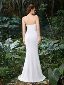 Elegant Polyester Chiffon Bridal Gown With Fish-Tail Silhouette | Guest Dress For Wedding Showers, Garden Parties, And Everyday Formal Wear - White - View 3
