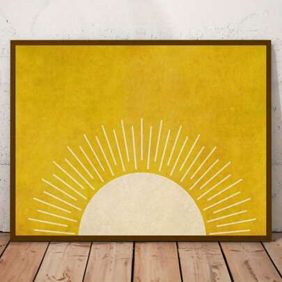 1 件，帆布悬挂，带框装饰画，海报，墙壁艺术，波西米亚风太阳艺术海报套装：黄色日出日落墙面装饰，极简主义，现代，复古，横向，室内使用，帆布，春季装饰画
