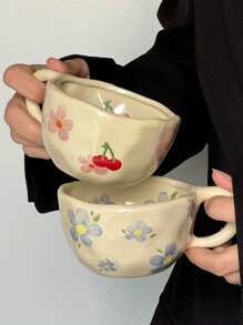 1 件 Ditsy 花卉陶瓷咖啡杯，时尚情侣牛奶杯，高品质早餐杯，适合居家返校 - 彩色 - 查看 6