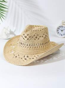 1 件男女通用绳饰镂空草编牛仔帽，纯色太阳帽，防风牛仔帽，非常适合户外海滩、休闲和 UPF 防护 - 白色 - 查看 2