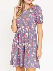 Black Yellow Ditsy Floral Puff Short Sleeve Wrap Tie Surplice V Neck  Mini Dress Swing Southern Dress | Small -3 XL - 紫丁香色 - 查看 4