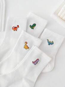 5 双女式提花恐龙中筒袜，休闲运动长筒百搭袜子，四季皆宜 - 白色 - 查看 3