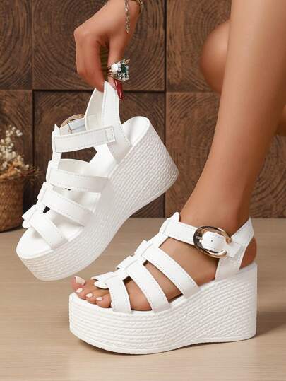 Women's Plus Size Summer Solid Color Soft Breathable Fabric Metal Buckle Casual Daily Wear & Party Dress Pants Skirt Outfit Necessory Thick Platform Roman Sandals