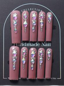 10pcs Long Water Drop Pink Nail Art Decals With Sparkling Rhinestones, Y2k, Hot Girl, Ins Style, Handmade, Elegant Design Suitable For Women & Girls Press On Nails