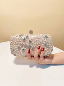 1pc Elegant Romantic Solid Color Pearl Beaded, Crystal Rhinestone Inlaid Hard Box Evening Bag, For Party, Wedding, Gathering