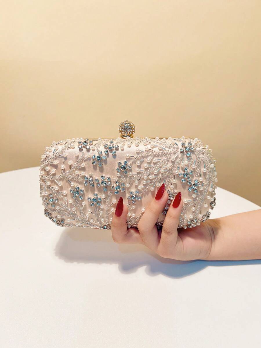 1pc Elegant Romantic Solid Color Pearl Beaded, Crystal Rhinestone Inlaid Hard Box Evening Bag, For Party, Wedding, Gathering