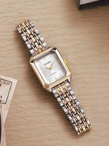 1pc Women's Fashion Alloy Steel Band Wrist Watch With Decorative Rectangular Dial, Minimalist Design Suitable For Daily Wear - Black - View 2