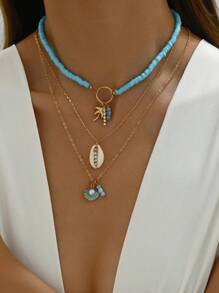 3pcs Bohemian Beach Vacation Style Starfish, Shell, Flower, Palm Tree Random Soft Ceramic Multilayer Necklace For Women (Avoid Contact With Water) - Blue - View 2