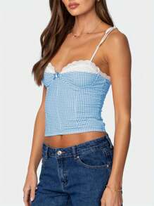 Women Summer Crop Camisole Casual Lace Trim Plaid Print Tie Up Strap Tank Tops Sleeveless T-Shirt For Club Streetwear - Màu xanh lam - Xem 4