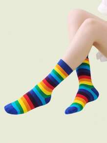 1/3/7 Pairs Women Colorful Fashion Horizontal Striped Rainbow Mid-Calf Socks, Suitable For Casual Daily Wear - Multicolor - View 3