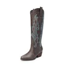 Womens Vintage Embroidered Western Boots Cowboy Knee High Boots Comfortable Pull On Side Zipper Chunky Heel Cowgirl  Retro Tall Boots - 棕色 - 查看 6
