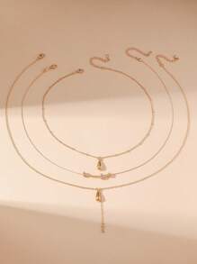 1 Set Of 3pcs Casual Minimalist Fashion Classic Metal Chain Teardrop Smiling Face Pendant Necklace Set. Unique Niche Multilayered Metal Tassel Design, Suitable For Women To Wear Daily, Vacation, Party - Gold - View 3