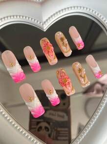 10 片纯手工指甲，螺纹凸起，腮红渐变，手工捏制凸起花朵金色边缘，金色玫瑰形状，金色圆球。适合日常休闲度假、宴会、派对等活动。按压指甲 - 彩色 - 查看 1