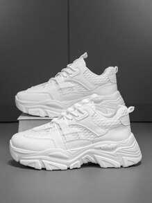 Men's Plus Size Solid Color Lace-Up Running Shoes, Casual Comfortable Non-Slip Walking Shoes With Hook And Loop Fasteners, Easy To Clean, Sports Campus Style Sneakers, Student Shoes - White - View 2