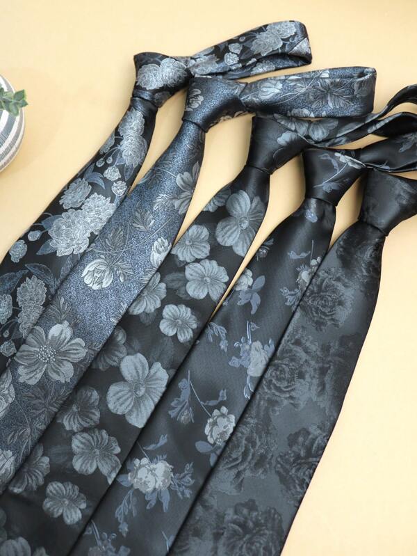 1 件男女通用黑色花卉印花自系领带，适合街头服饰、休闲装和派对男士领带