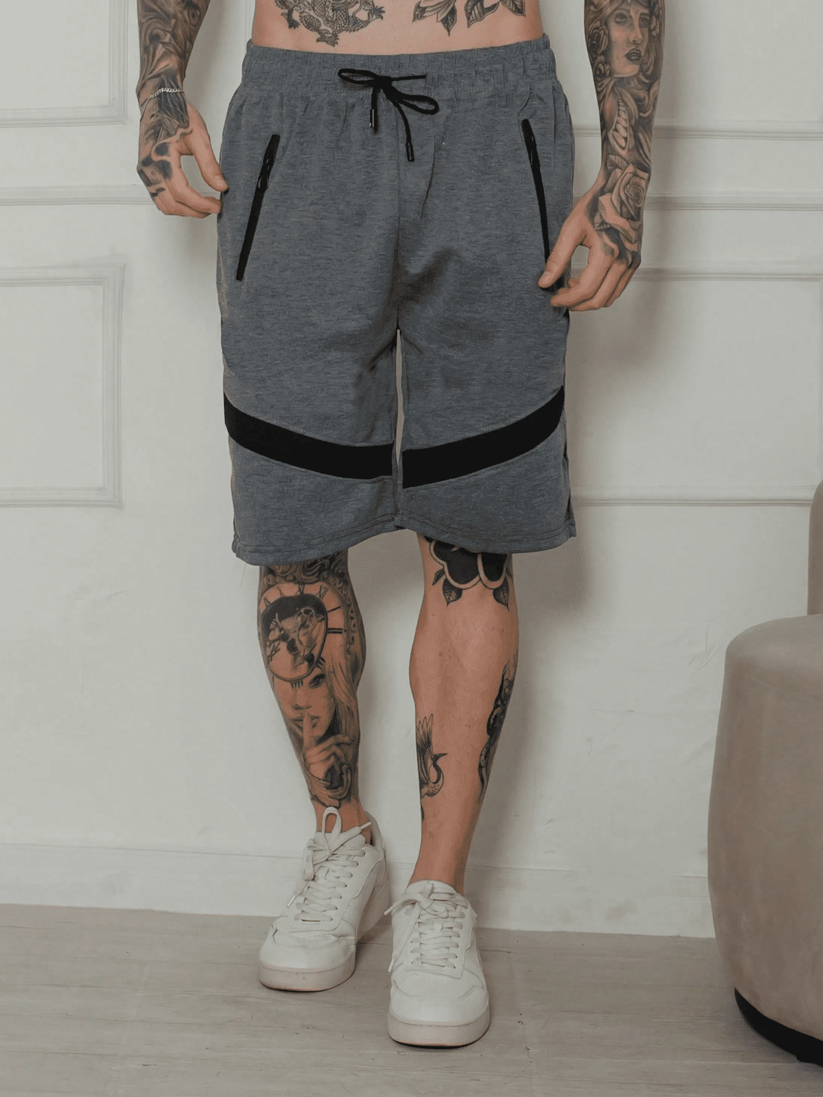 Men's Sweatpants / Zippered Pockets / Elastic Waist - 深灰色 - 查看 1